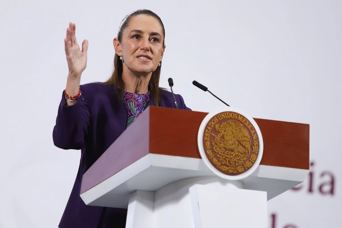 La presidenta Claudia Sheinbaum, durante su conferencia de este jueves desde Palacio Nacional. 