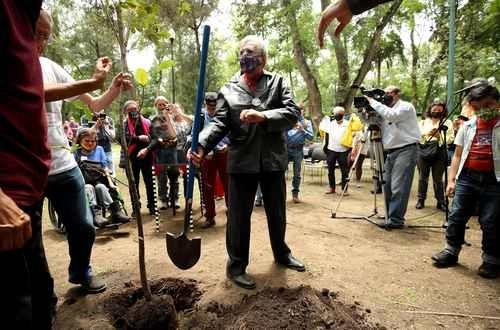 El crítico de arte Alberto Híjar durante la plantación del árbol. Foto María Luisa Severiano