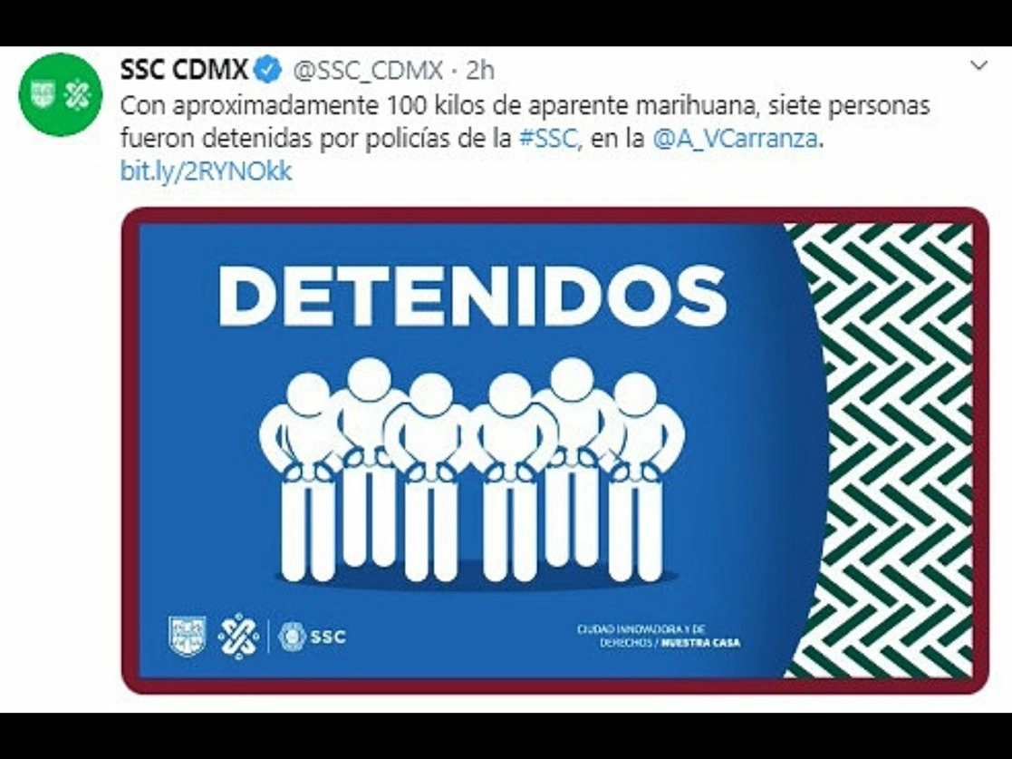 Siete personas que bajaban varias cajas con alrededor de cien kilos de mariguana, en la colonia 20 de Noviembre, en Venustiano Carranza, fueron detenidos. Imagen tomada del Twitter @SSC_CDMX
