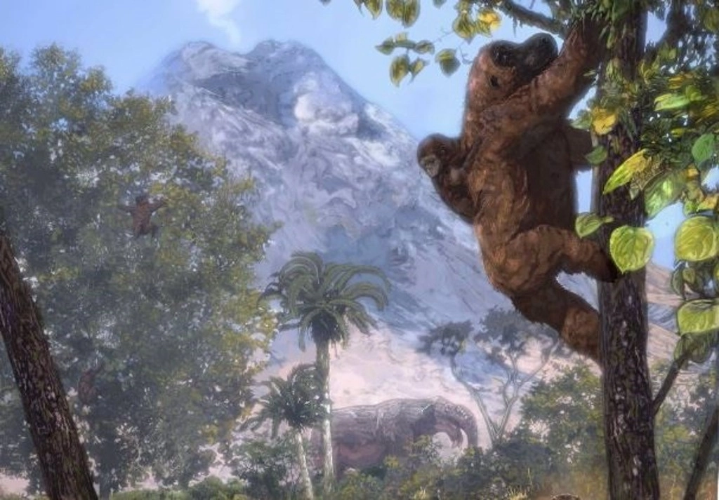 Representación artística de la reconstrucción del hábitat boscoso abierto del 'Morotopithecus' trepando verticalmente con una cría en la espalda. Foto Europa Press