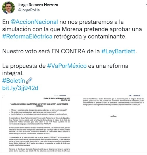 Publicación de Jorge Romero en su cuenta de twitter.