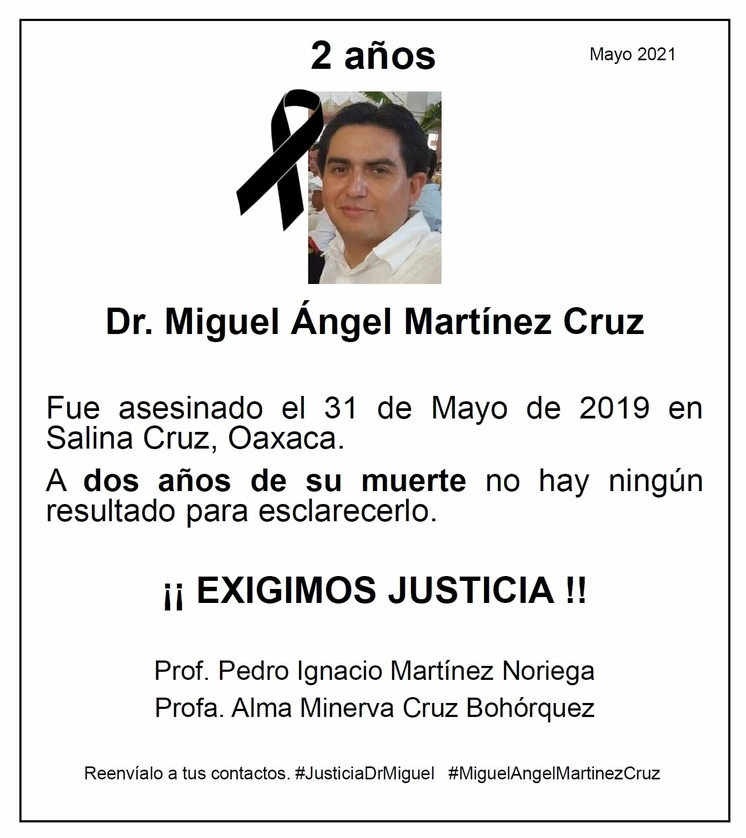 A dos años de su asesinato, familiares y amigos exigen justicia por el doctor Miguel Ángel Martínez Cruz. Foto tomada de facebook.com/doctorMigue