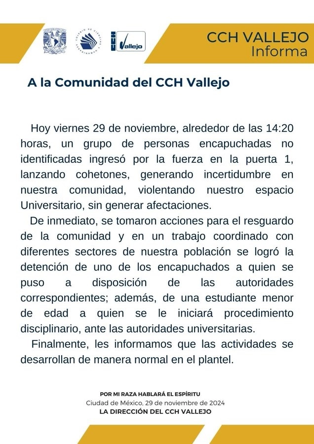 Comunicado que difundió el CCH Vallejo en su perfil de X.