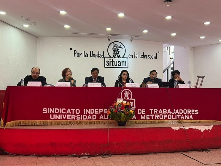 Integrantes del Sindicato de Trabajadores de la UAM durante conferencia de prensa, el 17 de agosto de 2023. Foto Jared Laureles 