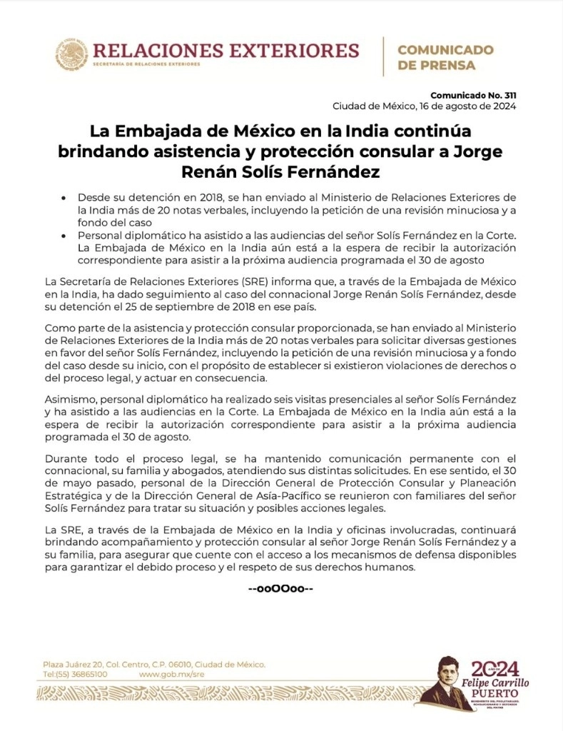 Imagen del comunicado difundido por la SRE.