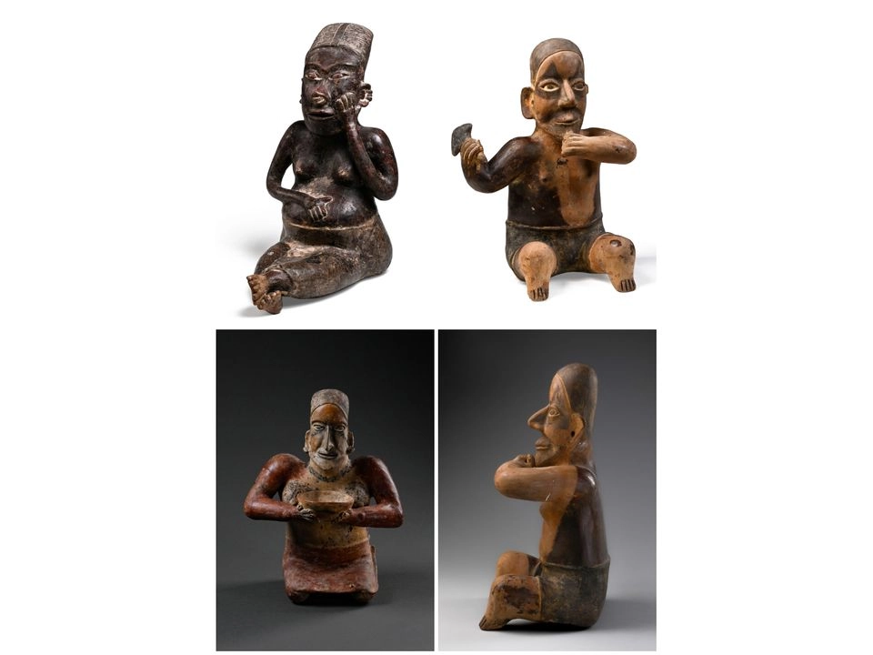 Los objetos provienen de dos colecciones privadas. En el lote 193, a la denominada Figura femenina arrodillada con vasija se le adjudica una antigüedad de entre 2 mil 100 y mil 850 años y su origen en el occidente mexicano. Fotos 