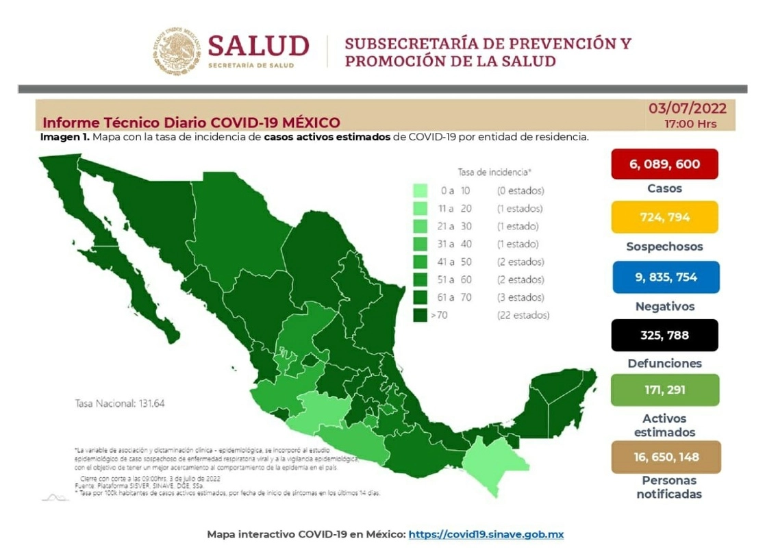 Ficha técnica del avance de la enfermedad al domingo 3 de julio de 2022.