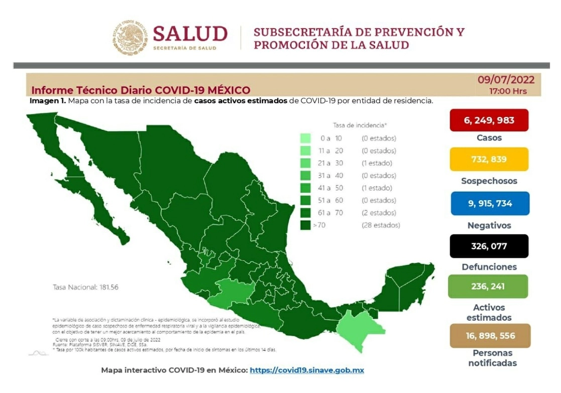 Ficha técnica del avance de la enfermedad al sábado 9 de julio.