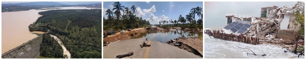 Desfogue de la presa de Cointzio, en Michoacán; carretera federal Acapulco-Zihuatanejo, en Coyuca de Benítez. una casa destruida en Chuburná. Fotos Ignacio Martínez 