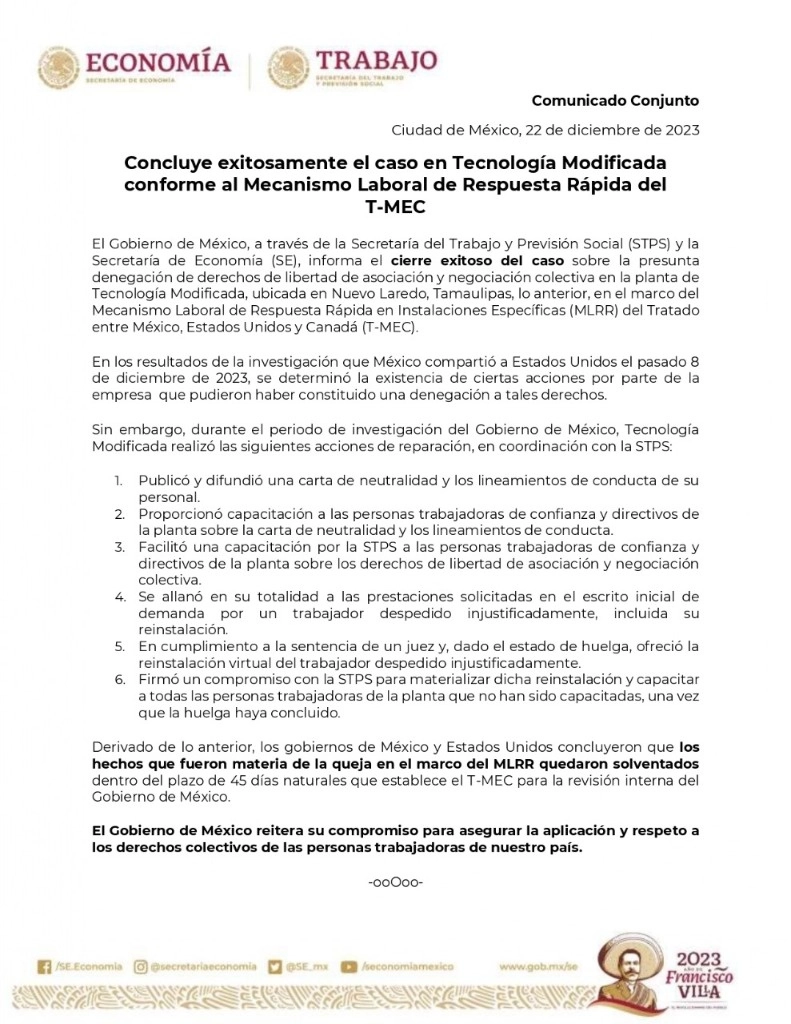 Boletín que emitió la Secretaría de Economía en sus redes.