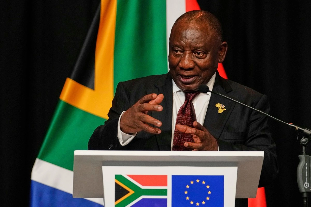 El presidente sudafricano, Cyril Ramaphosa, durante una conferencia de prensa tras reunirse con líderes de la UE en Johannesburgo, Sudáfrica, el 20 de noviembre de 2025. Foto 