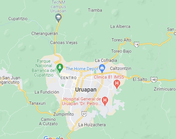 Tan solo en la comunidad de Caltzontzin, en Uruapan Michoacán ha sido localizados 12 cuerpos en fosas. Foto Google Maps