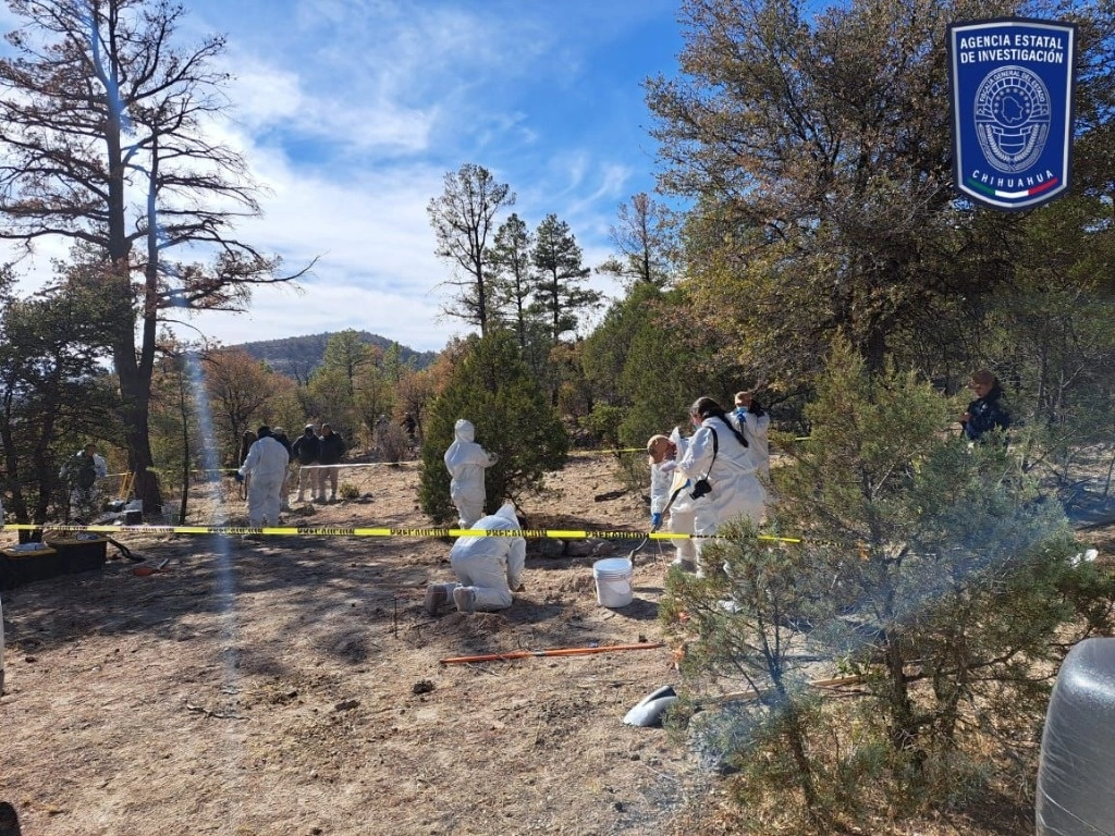 Personal forense busca más restos en la zona donde se hallaron las osamentas. Foto Fiscalía General del Estado de Chihuahua