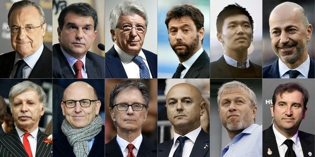 Propietarios o presidentes de los 12 principales clubes de futbol europeos que anunciaron el lanzamiento de la Superliga. Foto Afp