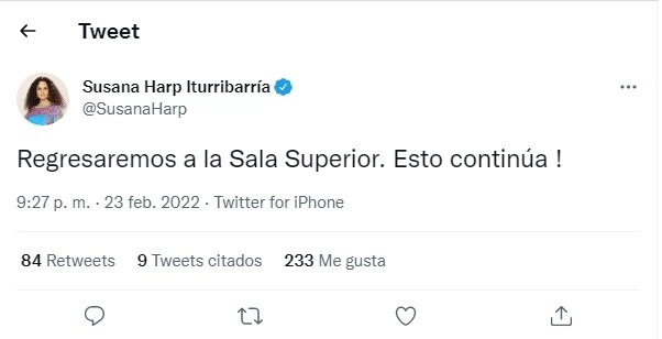 Publicación de Susana Harp en su cuenta de twitter.