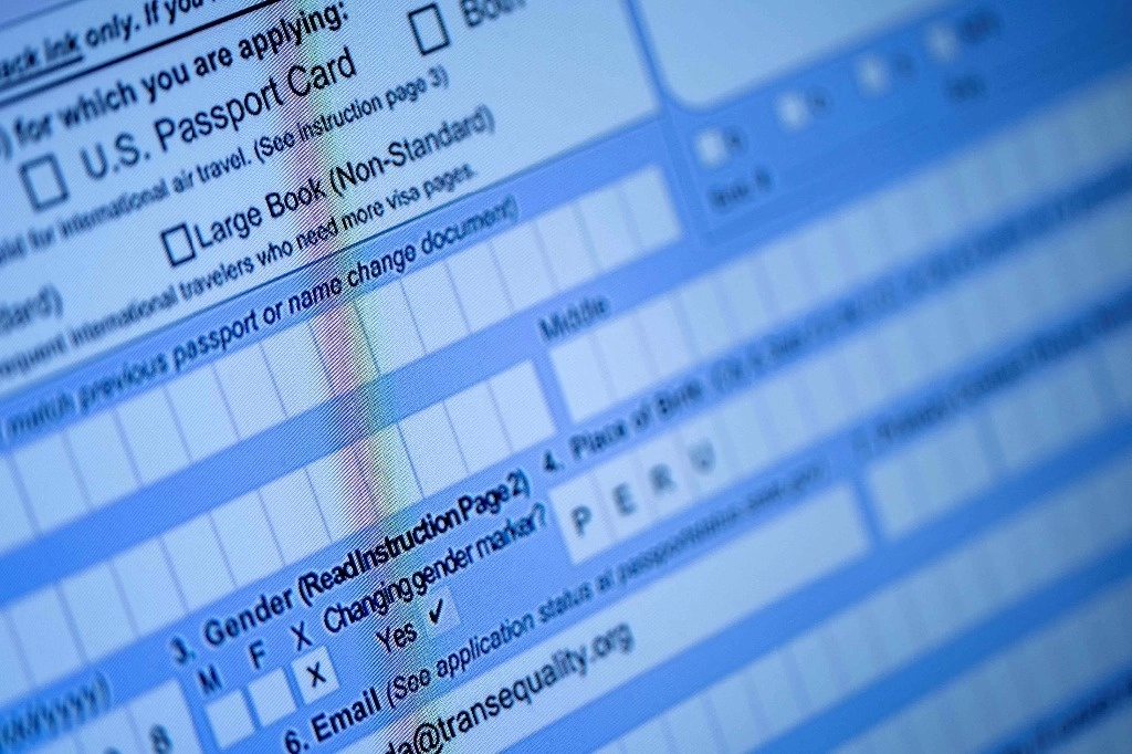 En la imagen, una solicitud de pasaporte parcialmente completa, con un marcador de género "X", se ve en un monitor de computadora en Alexandria, Virginia, el 11 de abril de 2022. Foto Afp
