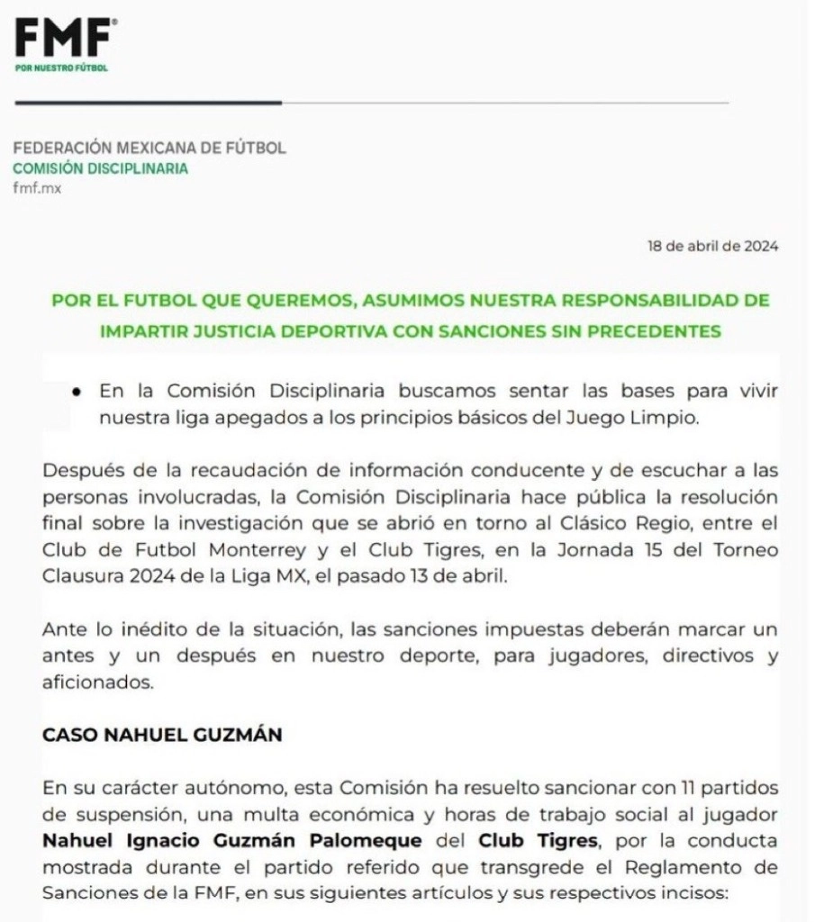 Comunicado de la Comisión Disciplinaria de la Federación Mexicana de Futbol.
