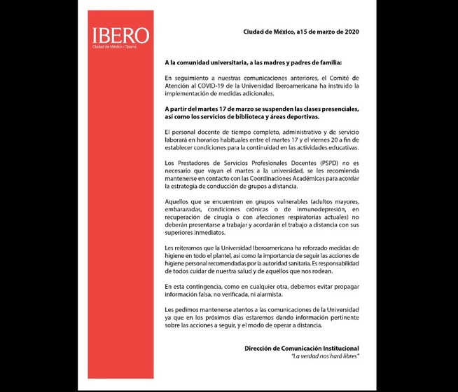 La Ibero anunció la suspensión de sus actividades académicas y formativas presenciales. Foto tomada del Twitter @IBERO_mx