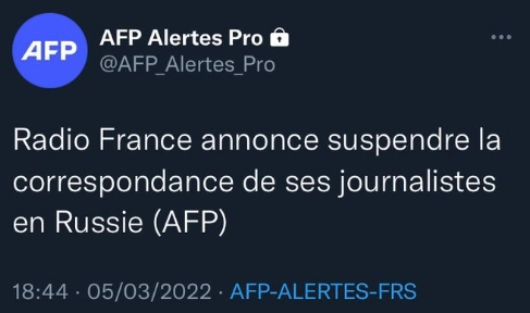 Radio France (que agrupa a siete emisoras de radio) anunció el sábado a la AFP que suspendía temporalmente la correspondencia de sus periodistas en Rusia. Foto Twitter @Morgane_HR
