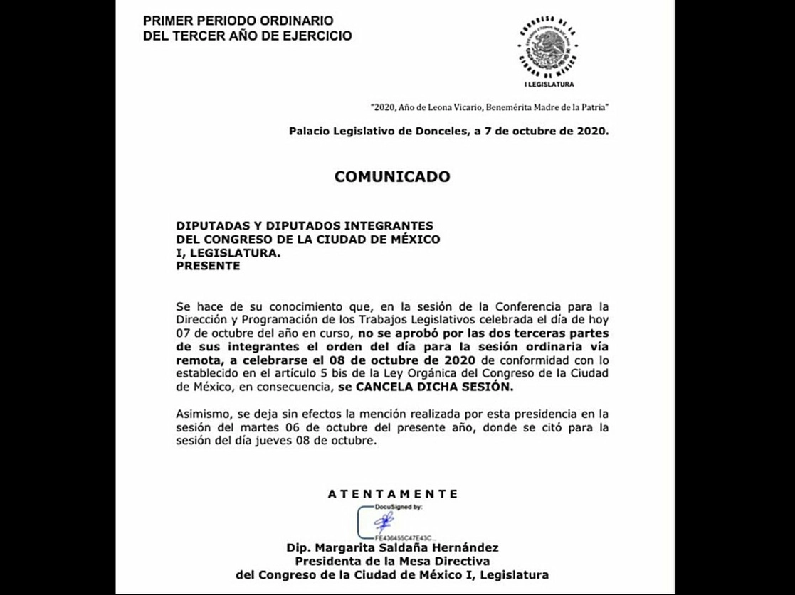 Al impedir llevar al pleno del Congreso capitalino el dictamen con la reforma que permite a menores y adolescentes tramitar una nueva acta de nacimiento para la reasignación de concordancia sexo-genérica, los partidos PRD, PAN, PRI y PES provocaron la suspensión de la sesión virtual del legislativo. Imagen tomada del Twitter de @Congreso_CdMex