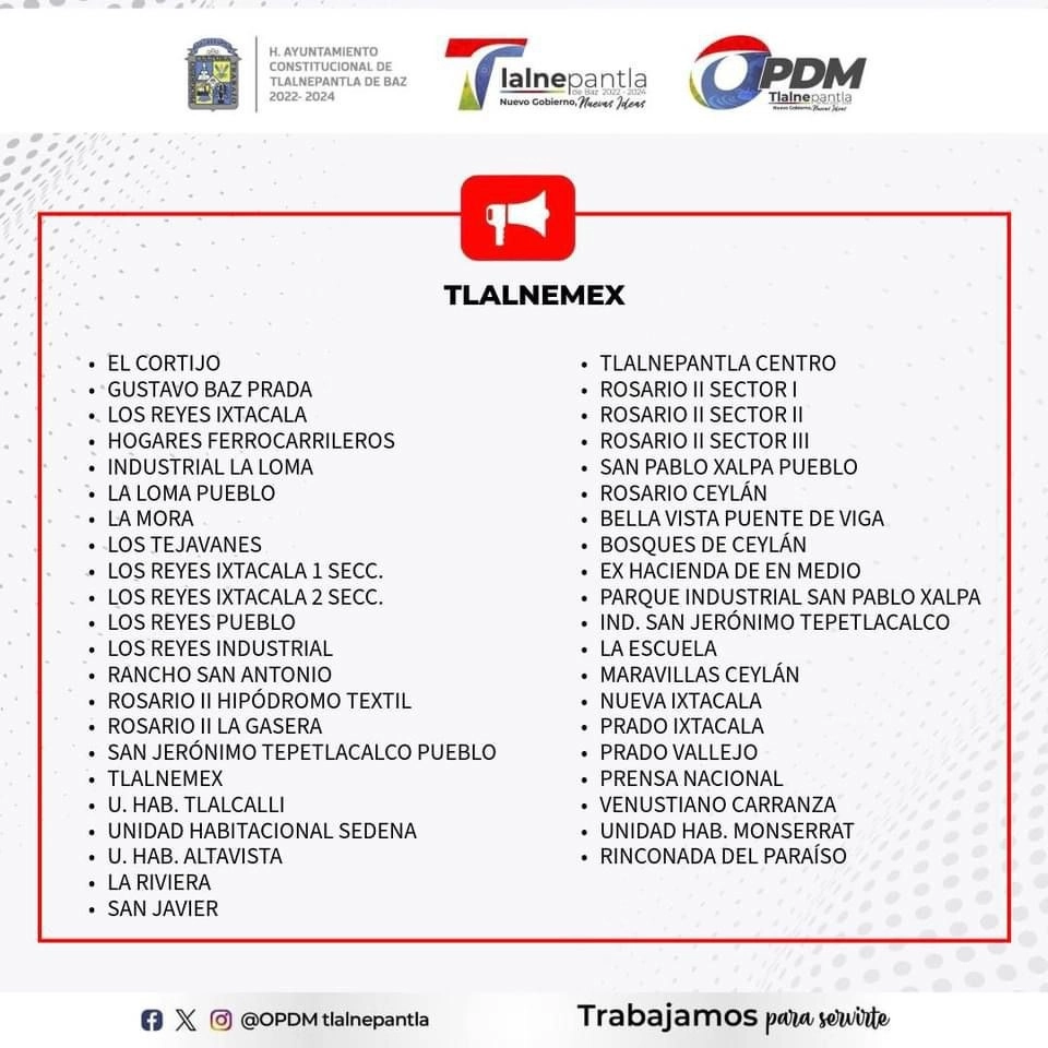 Lista de colonias afectadas en el ayuntamiento mexiquense de Tlalnepantla.