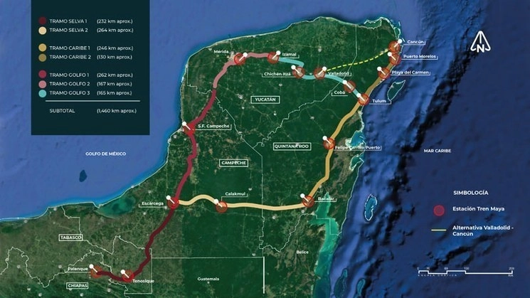 Mapa de la planeación del Tren Maya. Imagen tomada del sitio trenmaya.org