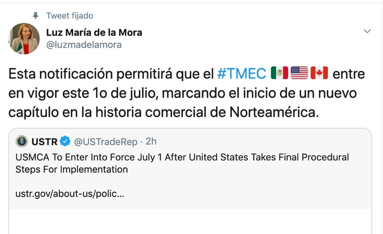 Publicación en twitter de Luz María de la Mora, Subsecretaria de Comercio Exterior de México.