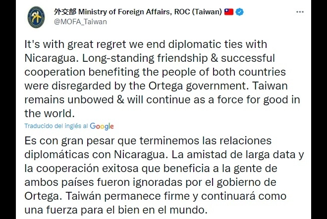 El ministerio de Asuntos Exteriores de Taiwán lamentó que Nicaragua haya decidido cancelar las relaciones diplomáticas. Foto Tomada del Twitter @MOFA_Taiwan