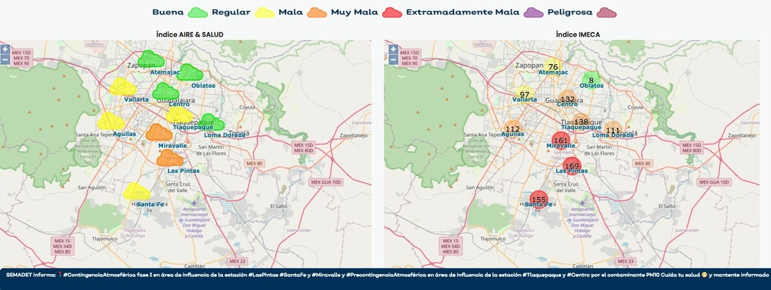 La zona más afectadas son Zapopan, Guadalajara y Tlaquepaque. Gráfico de los índices de contaminación tomado a las 15:55 horas del 25 de diciembre, del sitio web https://aire.jalisco.gob.mx/