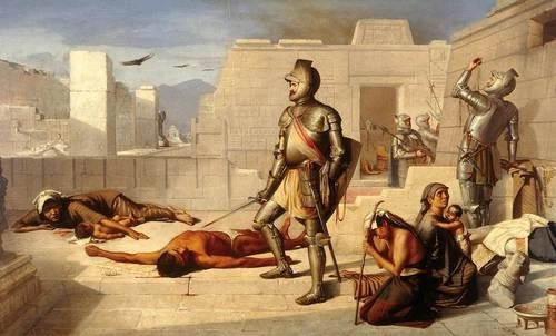 ‘Escenas de la Conquista’, de Félix Parra. Óleo sobre tela (1877). El artista de Morelia, Michoacán, fue profesor de Diego Rivera y del Dr. Atl. Destaca por ser de los primeros en realizar obras con temas históricos vinculados con la Conquista. Foto Colección Munal