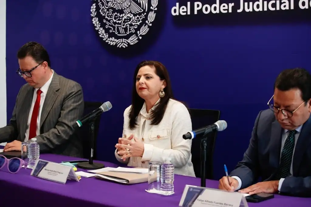 La magistrada presidenta del TEPJF, Mónica Soto Fregoso, encabeza la conferencia de prensa, al término de la sesión de la sala superior del organismo, en la Ciudad de México, el 29 de enero de 2025. Foto Cristina Rodríguez


