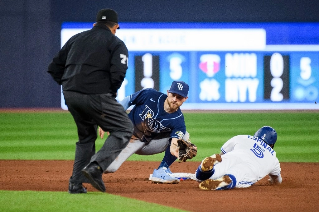 Santiago Espinal, de los Azulejos de Toronto, llega a salvo a segunda base, custodiada por Brandon Lowe de los Rays de Tampa Bay. Foto Ap