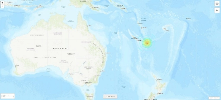 El CentroNacional de Alerta de Tsunamis de Estados unidos emitió la alerta para las costas ubicadas dentro de los mil kilómetros del epicentro, que se localizó en las islas Fiji. Captura de pantalla del Servicio Geológico de Estados Unidos.
