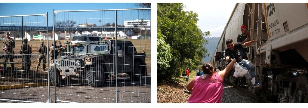 El gobernador Greg Abbott anunció que construirá una base militar para mil 800 soldados –con posibilidad de ampliar a 2 mil 300– de la Guardia Nacional en Eagle Pass (imagen de la izquierda), con la que espera contener el cruce de migrantes, en momentos en que disputa el control fronterizo con la Casa Blanca. En tanto, el grupo de activistas Las Patronas (a la derecha, en imagen de archivo) informó que ante el aumento en el flujo de personas ha tenido que racionar los alimentos que entrega, por lo que solicita donativos. Fotos Afp y Alfredo Domínguez