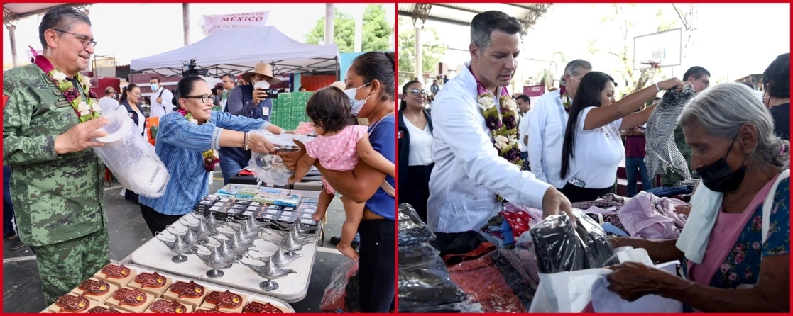 Los secretarios de Seguridad y Protección Ciudadana, Rosa Icela Rodríguez, y de la Defensa Nacional, Luis Cresencio Sandoval, inauguraron ayer el Tianguis del Bienestar en Pochutla, Oaxaca, en beneficio de damnificados por el huracán ‘Agatha’; en ese acto participaron también el gobernador Alejandro Murat (derecha) y el titular de Gobernación, Adán Augusto López. Foto ‘La Jornada’