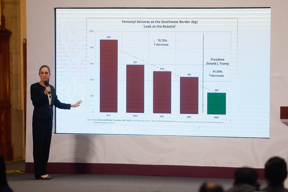 La Presidenta de México, Claudia Sheinbaum, durante su conferencia matutina en Palacio Nacional en la Ciudad de México, el 6 de marzo de 2025. 