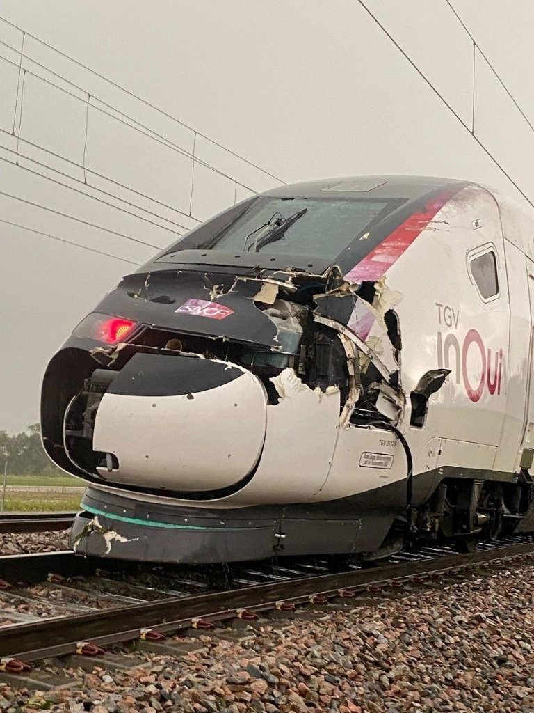Debido a una tormenta, un tren de alta velocidad fue golpeado por un árbol en Bergoña, Francia. Foto Afp 