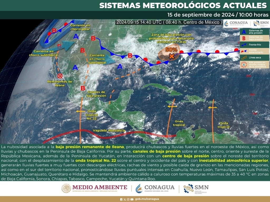 Proyectan que habrá intervalos de chubascos en Baja California, Baja California Sur, Campeche, Nayarit y Tabasco. Foto X @conagua_clima