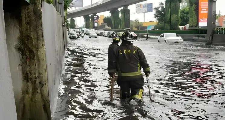Las fuertes precipitaciones de ayer dejaron grandes charcos en vialidades del sur de la ciudad, sobre todo en las alcaldías Benito Juárez, Álvaro Obregón y Tlalpan. Foto Tomada de Twitter
