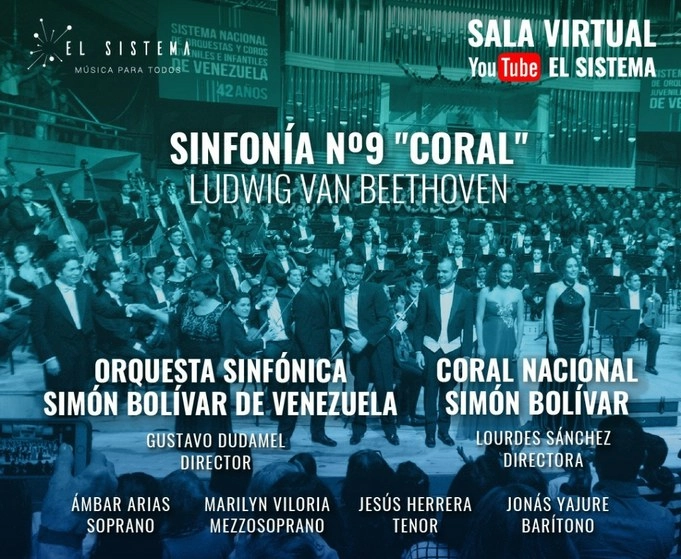 Cartel de la transmisión en línea de la interpretación de la Novena Sinfonía “Coral” de Ludwig van Beethoven dirigida por Gustavo Dudamel. Foto Twitter @elsistema