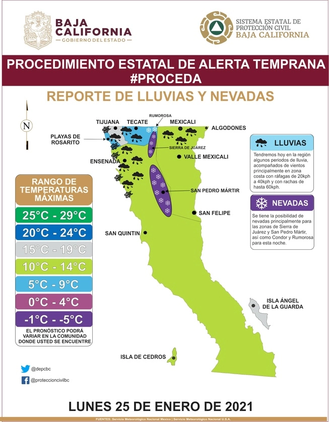 Mapa que Protección Civil de Baja California presenta en su cuenta de Twitter. Foto @depcbc