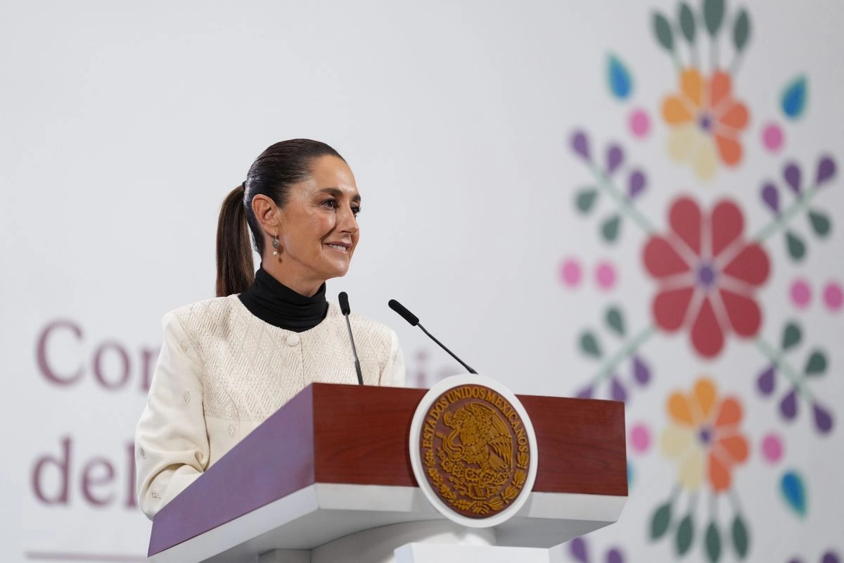 La presidenta Claudia Sheinbaum durante la conferencia matutina desde Palacio Nacional, en la Ciudad de México, el 11 de julio de 2025.