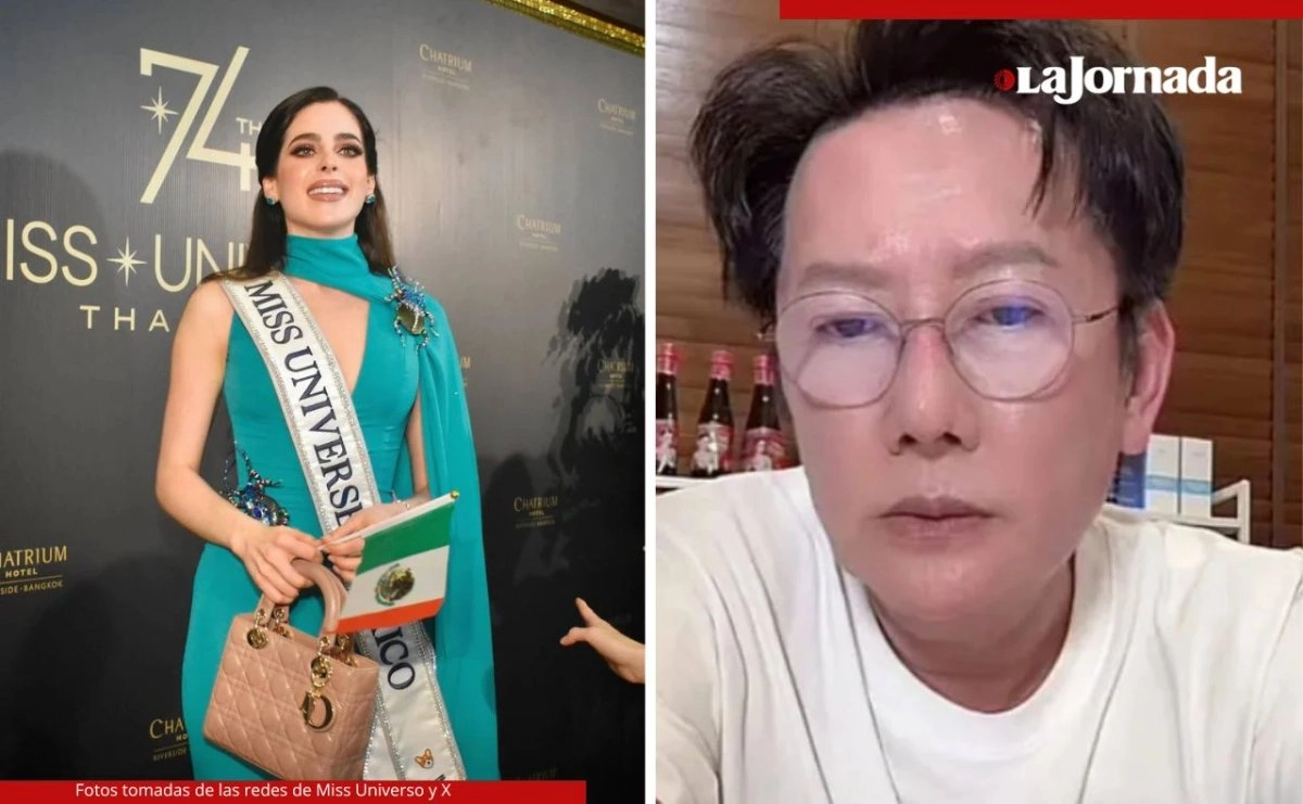 La representante de México en Miss Universo 2025, Fátima Bosch. A la derecha, Nawat Itsaragrisil, directivo del certamen. Foto