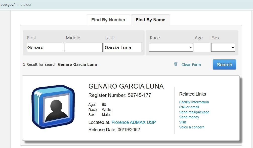 Captura de pantalla de la ficha de ubicación penitenciaria del ex responsable de Seguridad en México