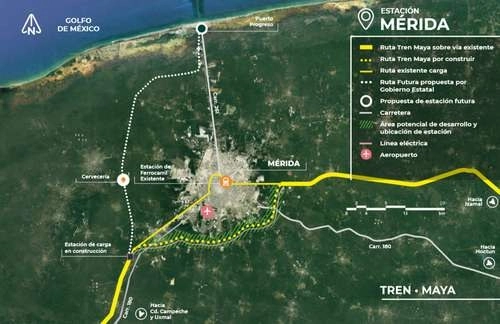 Mapa que proporciona detalles del proyecto de la estación Mérida del Tren Maya. En un futuro propone construir un tramo hacia Puerto Progreso. Foto Notimex