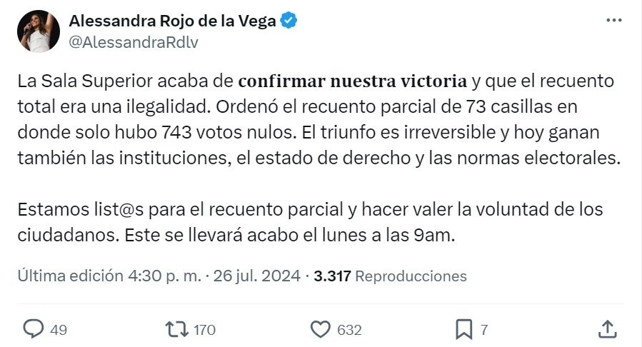 Publicación de la alcaldesa electa en sus redes sociales.