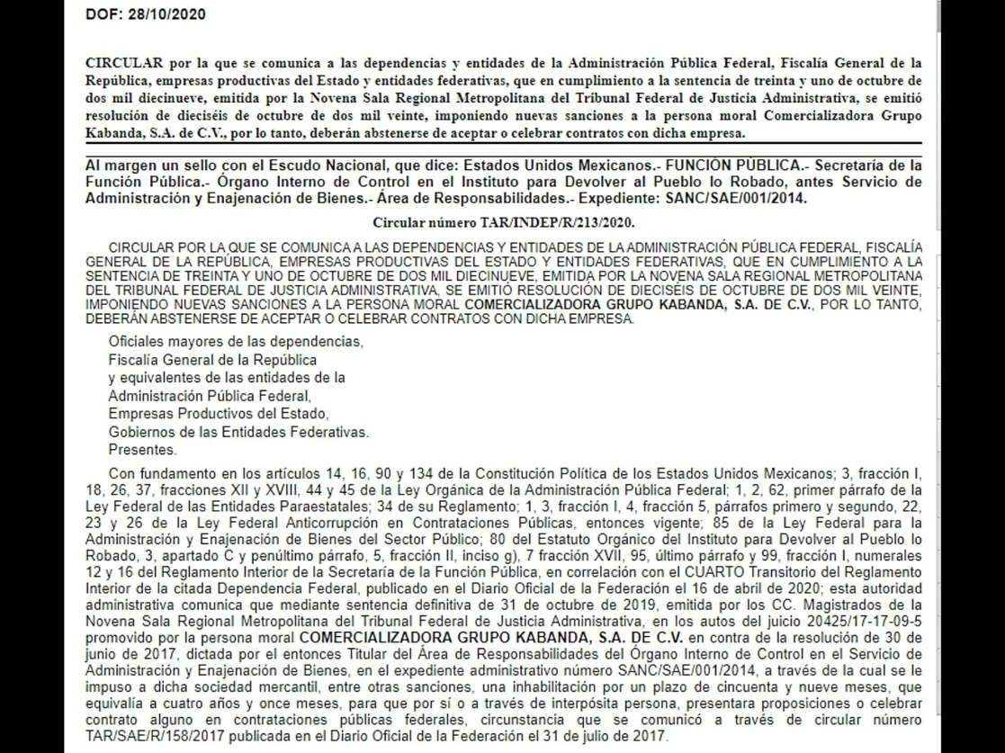 La Secretaría de la Función Pública informó que la sanción impuesta desde el sexenio pasado a la Comercializadora Grupo Kabanda fue ratificada por la justicia federal administrativa. Imagen tomada del sitio https://www.dof.gob.mx/nota_detalle.php?codigo=5603713&fecha=28/10/2020