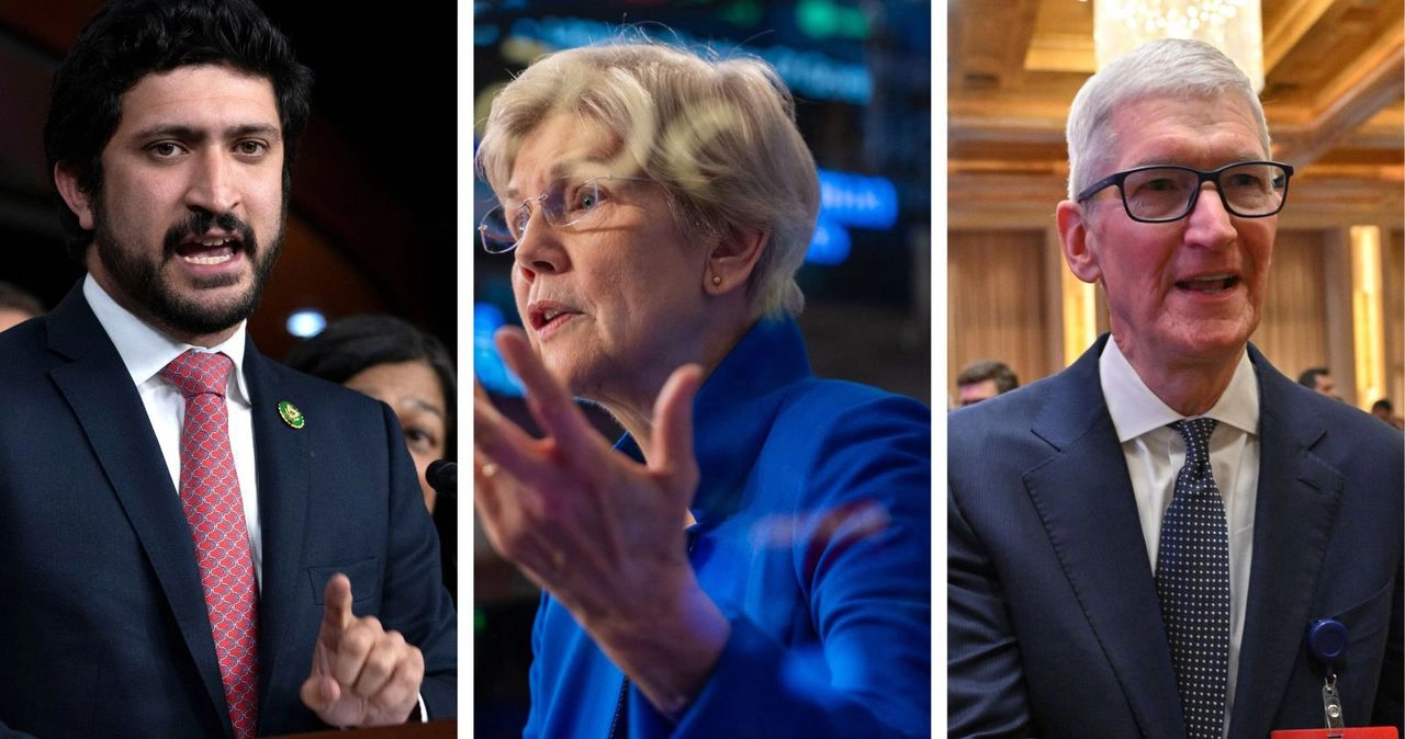 El diputado Greg Casar (extremo izquierdo) y la senadora Elizabeth Warren –ambos demócratas–, críticos de las políticas de Donald Trump. Tim Cook, ejecutivo en jefe de Apple (extremo derecho), cuya empresa ha sido beneficiada por la actual administración. Foto 