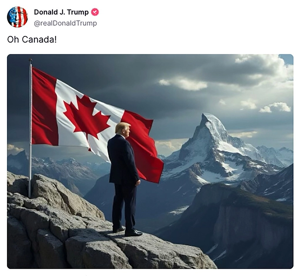 Esta captura de pantalla de la cuenta Truth Social de Donald Trump muestra una imagen del presidente electo Donald Trump de pie junto a una bandera canadiense. Foto Ap