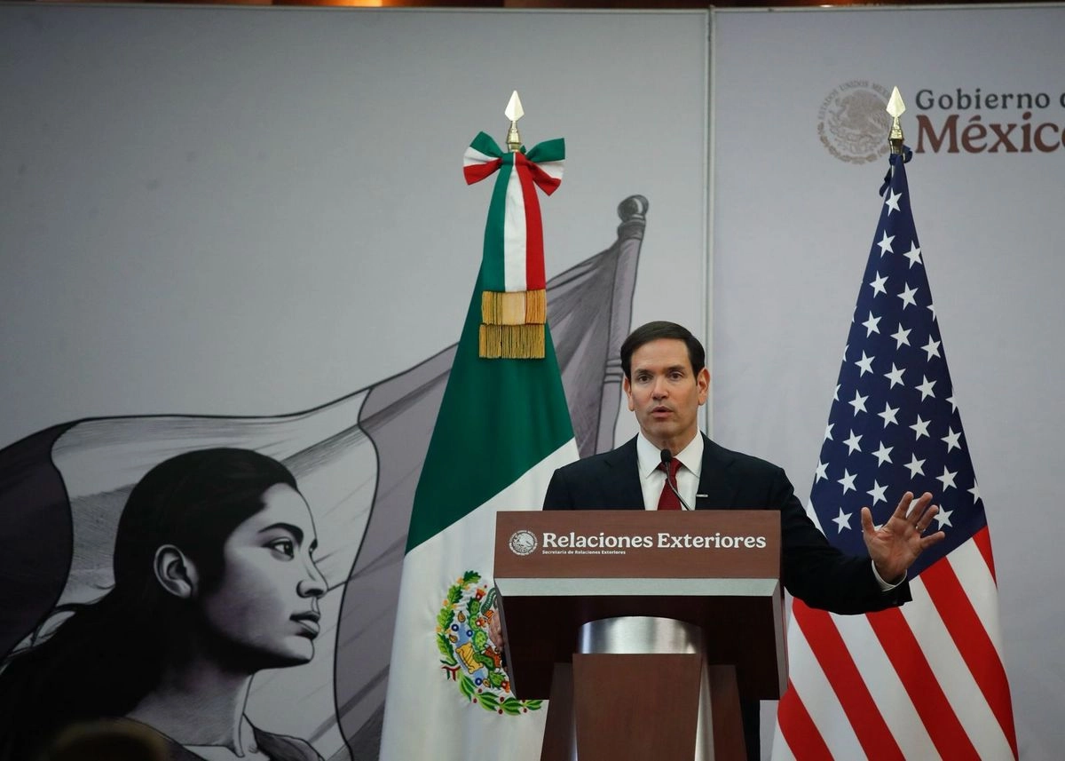 El secretario de Estado de Estados Unidos, Marco Rubio, durante una conferencia, tras la reunión de seguridad con la presidenta Claudia Sheinbaum, realizada en el Salón José María Morelos y Pavón de la SRE, en la Ciudad de México, el 3 de septiembre de 2025. Foto 